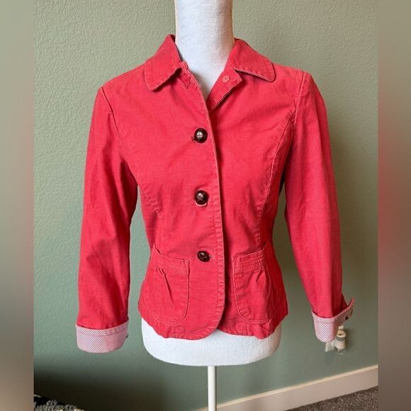 L.L.Bean Pink Cropper Corduroy Blazer Size 6 Petite with Embroidered Sleeve Det - Picture 1 of 8